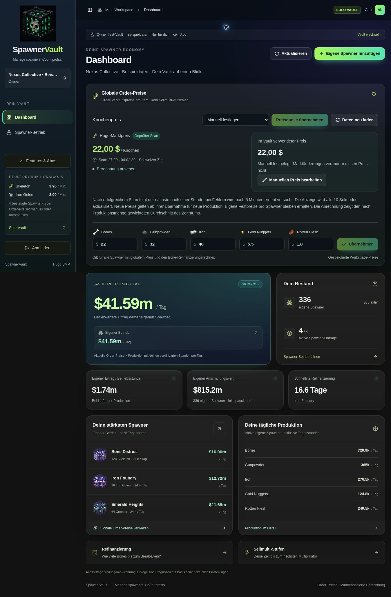 Beispiel eines Solo-Vault-Dashboards mit eigenen Spawnern, Tagesertrag und Refinanzierung